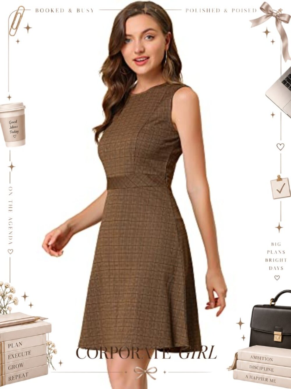 Sleeveless A-Line Fit and Flare Houndstooth Plaid Work Dress Above Knee
